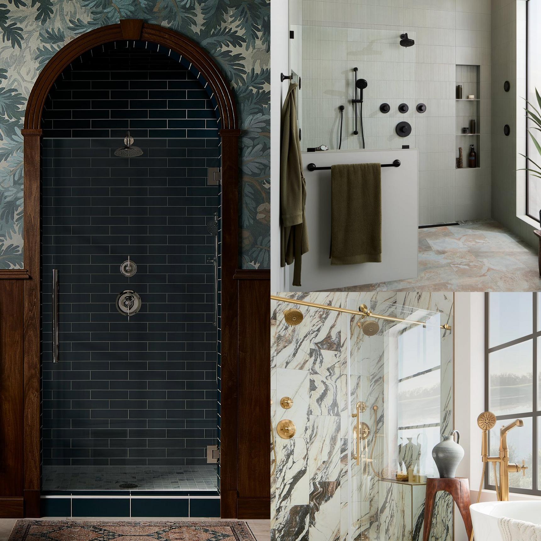 Collage of bathroom featuring the FundamentALL shower collection, Marceau, Elita, Lentz Shower Systems