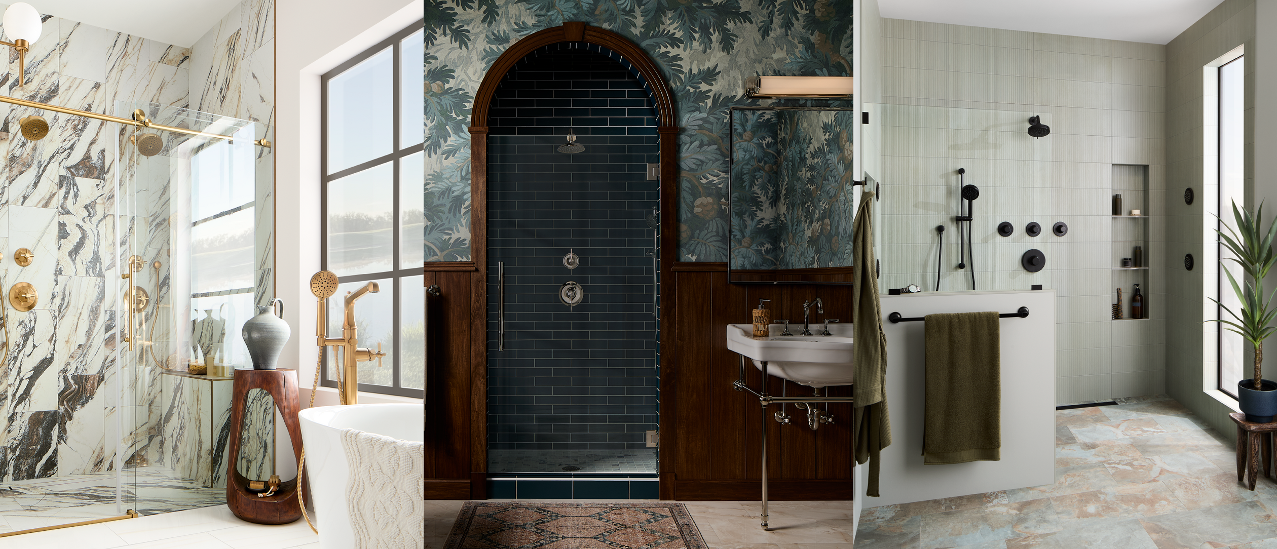 Collage of bathroom featuring the FundamentALL shower collection, Marceau, Elita, Lentz Shower Systems