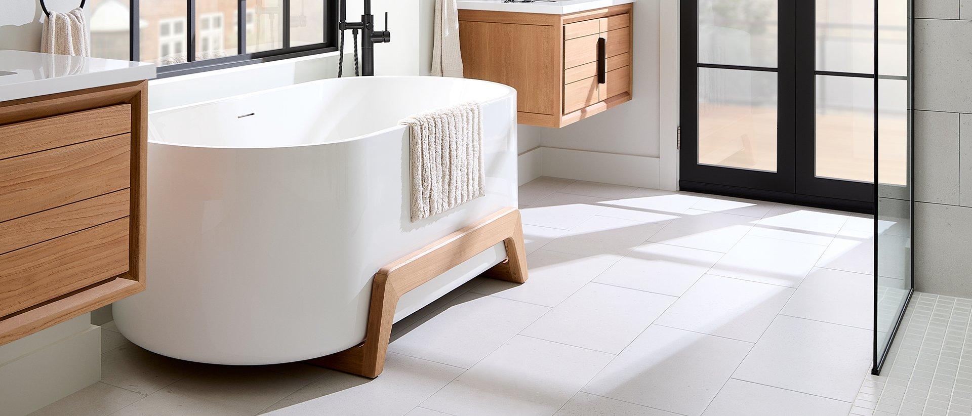 Conroy Acrylic Freestanding Tub with Wood Stand - Natural Teak