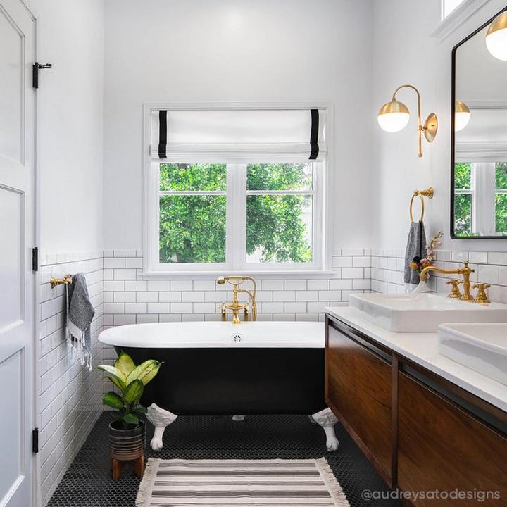 Glam style bathroom with the Freestanding Telephone Tub Faucet in Polished Brass, 66" Sanford Cast Iron Clawfoot in Black