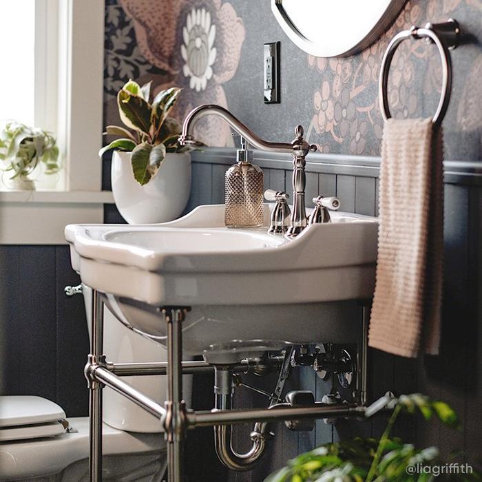 Glam goth style bathroom with the 24" Cierra Console Sink in Polished Nickel, Victorian Widespread Faucet in Brushed Nickel