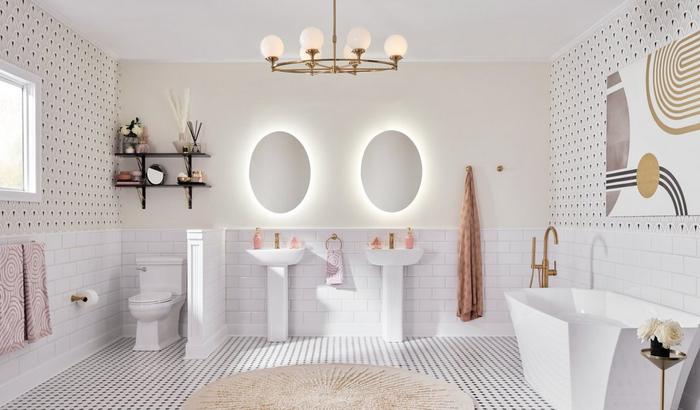 Glam style bathroom with the Alfaro 6-Light Chandelier, Lentz Single-Hole Bathroom Faucet, Tub Faucet, Towel Bar in Brushed Gold