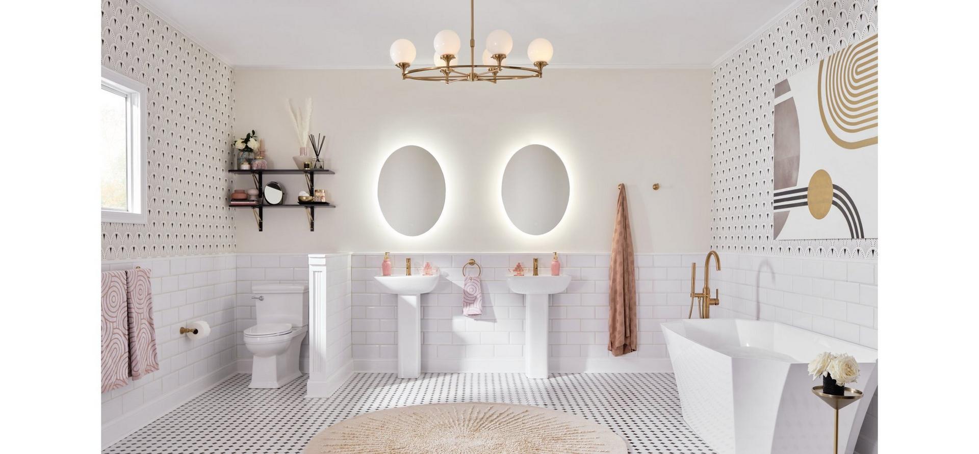 Glam style bathroom with the Alfaro 6-Light Chandelier, Lentz Single-Hole Bathroom Faucet, Tub Faucet, Towel Bar in Brushed Gold