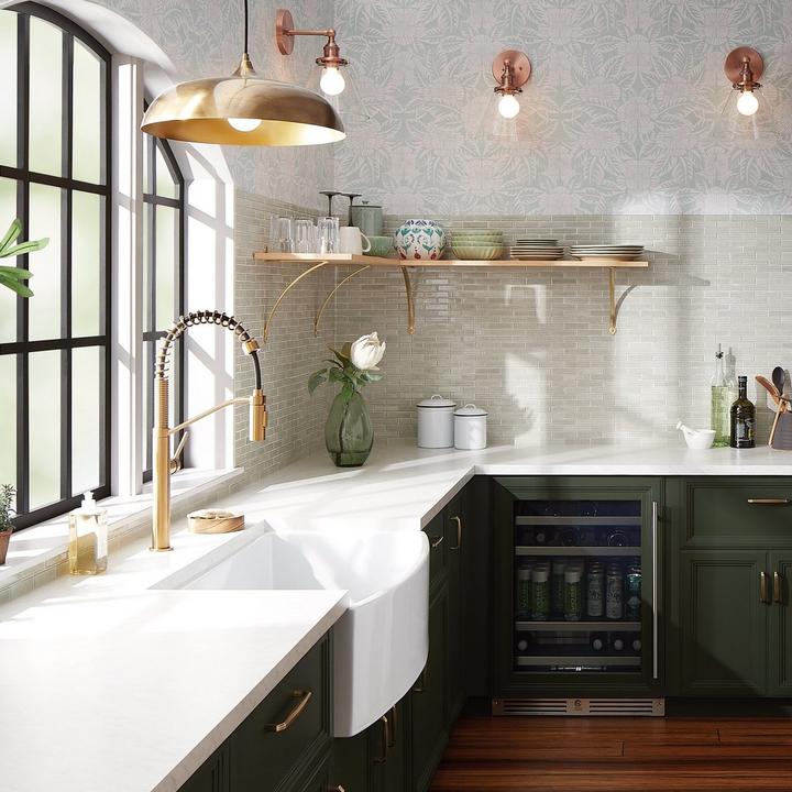 Glam style kitchen with Keeton Solid Brass Shelf Bracket in Satin Brass, Eiler Spring-Spout Kitchen Faucet in Brushed Gold