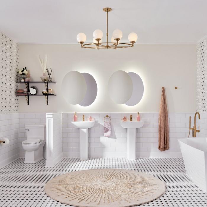 Glam style bathroom with Lentz Single-Hole Bathroom Faucet, Alfaro 6-Light Chandelier  in Brushed Gold