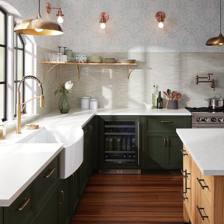 Eiler Spring-Spout Kitchen Faucet in Brushed Gold, 33" Wenbrook Fireclay Farmhouse Kitchen Sink - Curved Apron