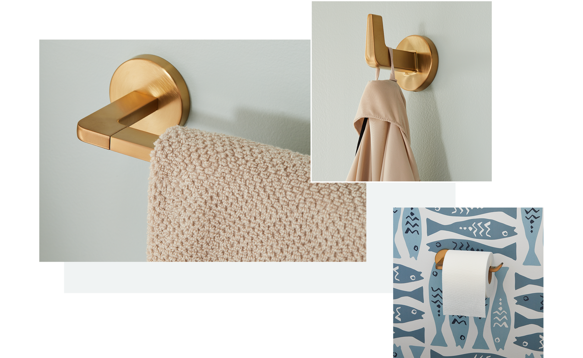 Drea Towel Rod, Robe Hook, Toilet Paper Holder - Brushed Gold