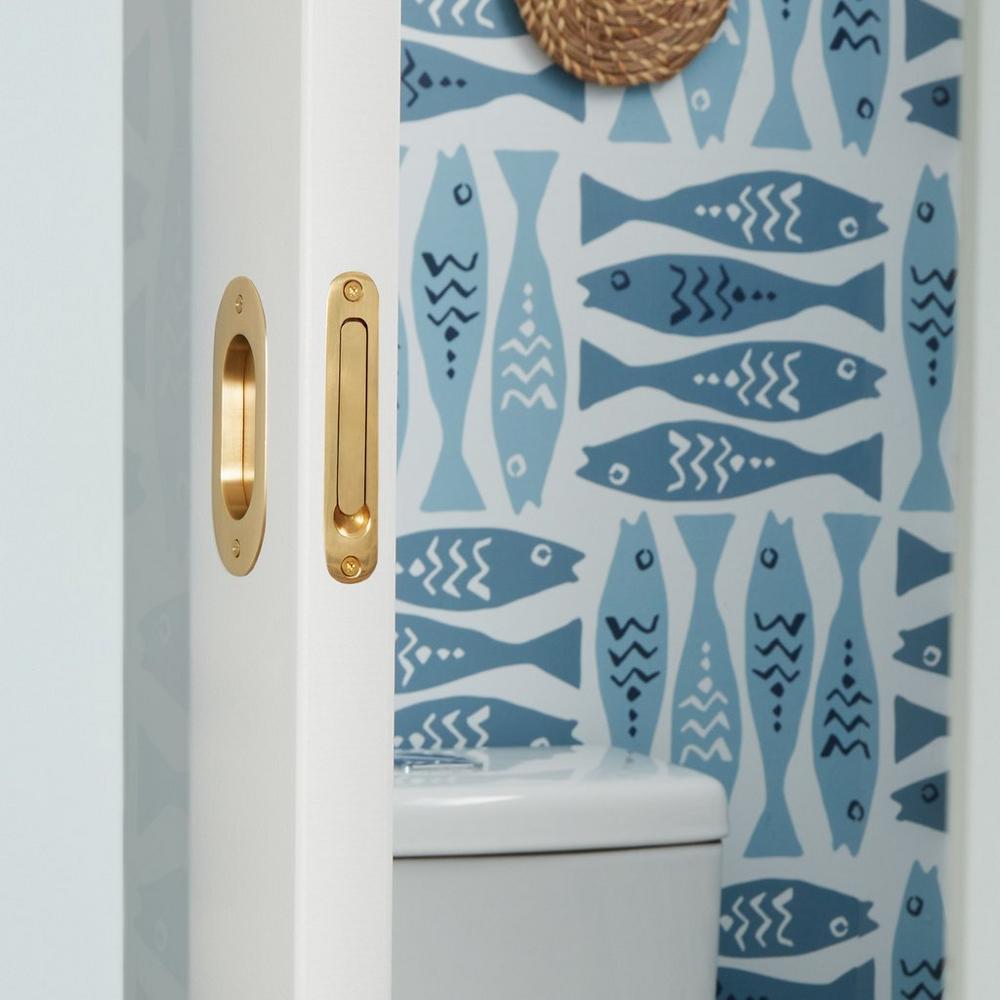 6" Elongated Oval Recessed Brass Pocket Door Pull - Satin Brass, Grayvik Two-Piece Elongated Toilet