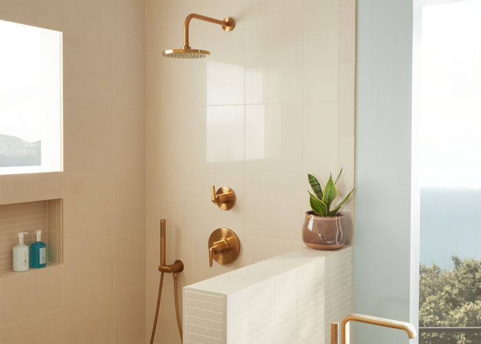Drea Pressure Balance Shower System with Hand Shower in Brushed Gold brings your coastal bathroom together