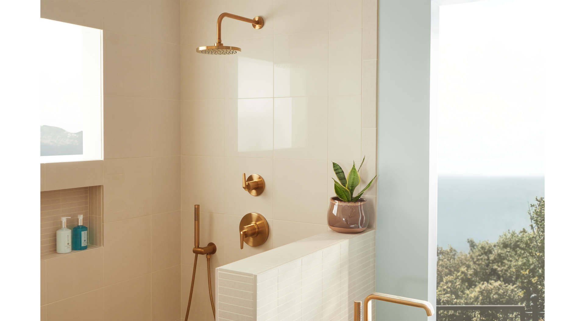 Drea Pressure Balance Shower System with Hand Shower in Brushed Gold brings your coastal bathroom together