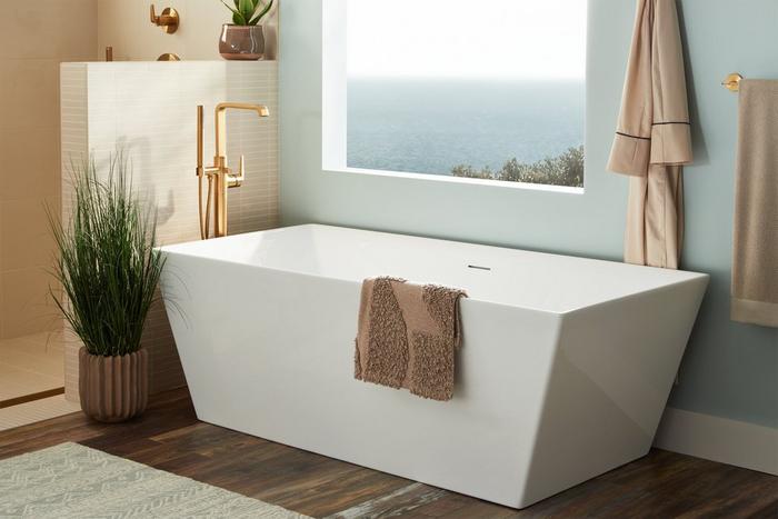 67" Hibiscus Rectangular Acrylic Freestanding Tub, Drea Freestanding Tub Faucet, Towel Bar - Brushed Gold