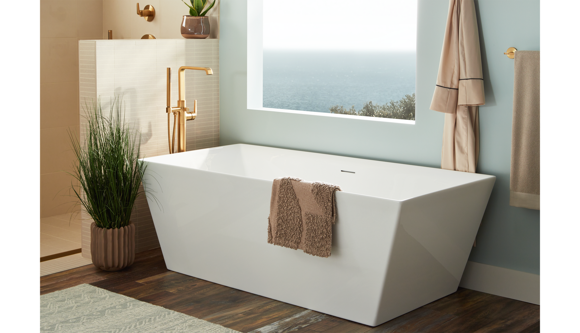 67" Hibiscus Rectangular Acrylic Freestanding Tub, Drea Freestanding Tub Faucet, Towel Bar - Brushed Gold