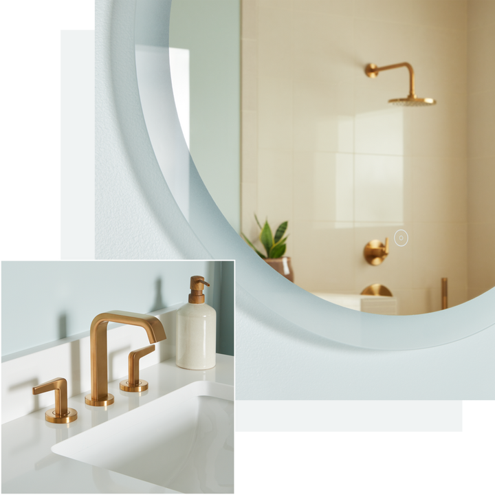 Morse Lighted LED Mirror, Drea Widespread Faucet, Pressure Balance Shower System - Brushed Gold