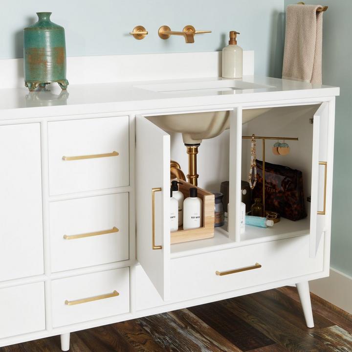 72" Bright White Novak Vanity with open drawers, Drea Wall Mount Faucet - Brushed Gold, Bauman Cabinet Pull - Champagne Bronze