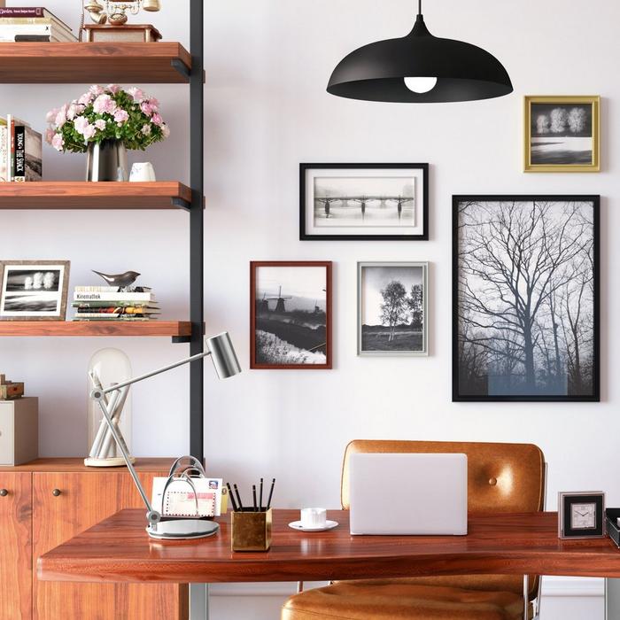 home office with Blackthorn Steel Single Pendant Light in Matte Black above the work station