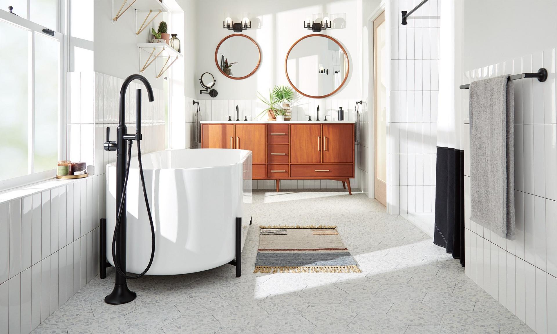 cast iron blue tub with matte black tub faucet