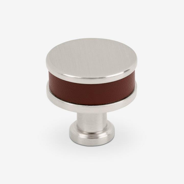 Lazzara Round Cabinet Knob Brown Leather in Satin Nickel