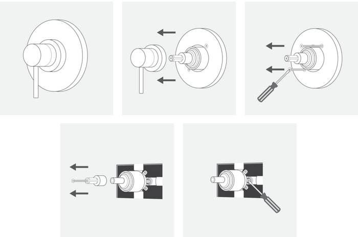 Illustrations showing turning off a shower valve and removing the handle and trim piece from the front of the valve body