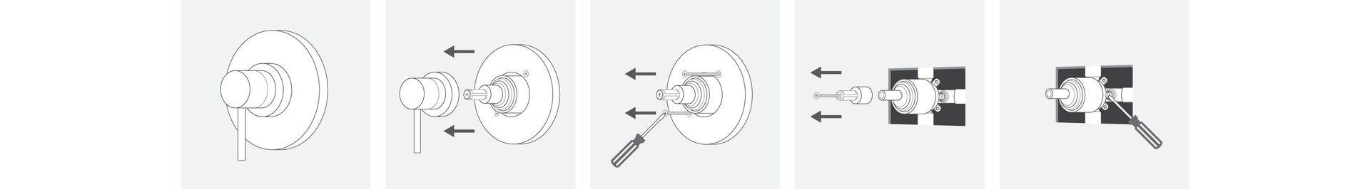 Illustrations showing turning off a shower valve and removing the handle and trim piece from the front of the valve body