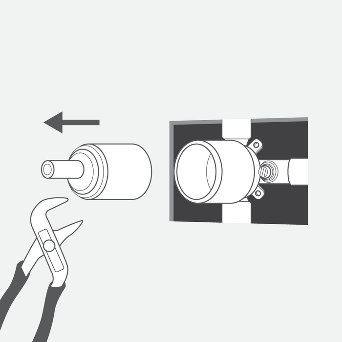 Illustration showing channel lock pliers removing the cartridge from the shower valve body to clean the shower valve
