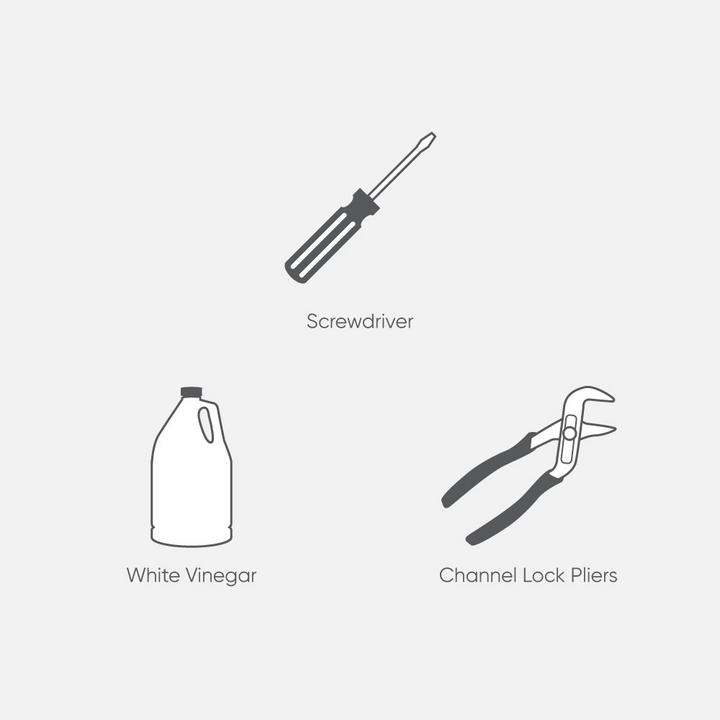 Illustration of steps to clean a shower valve - Screwdriver, white vinegar, & channel lock pliers