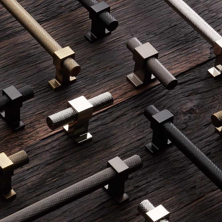 Andrex Knurled Cabinet Pulls and Knobs in Antique Brass, Polished Nickel, & Matte Black for industrial home design