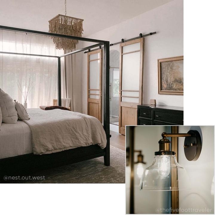 Industrial style bedroom with Mooretown Vanity Sconce in Umber Bronze & Antique Brass, Bowden Barn Door Hardware Kit in Black