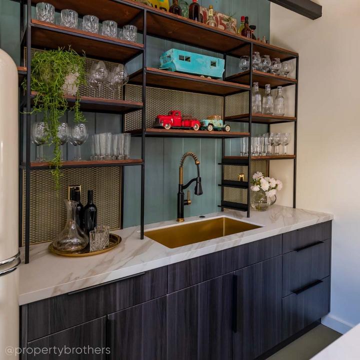 Industrial style wet bar with Caribana Kitchen Faucet in Matte Black & Brushed Gold, 32" Atlas Kitchen Sink in Matte Gold