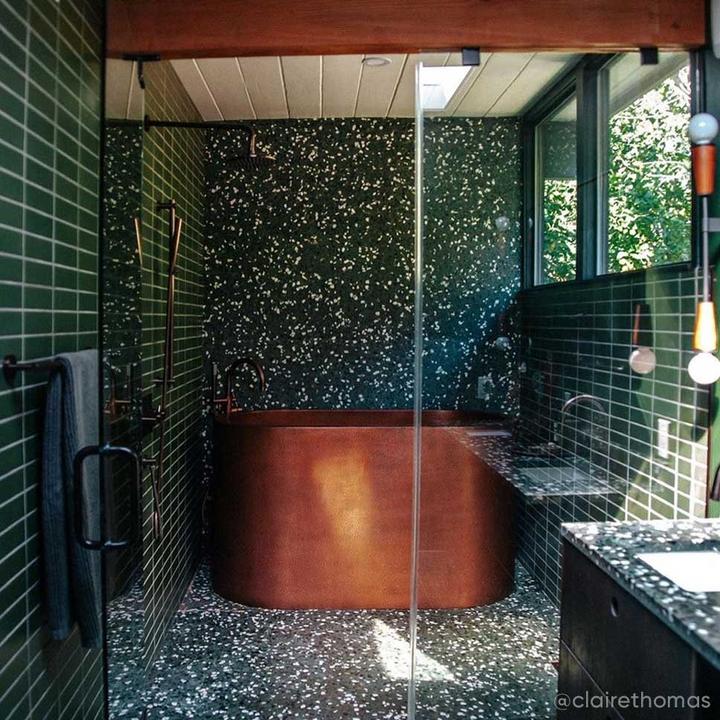 Industrial style bathroom with 48" Raksha Hammered Copper Japanese Soaking Tub