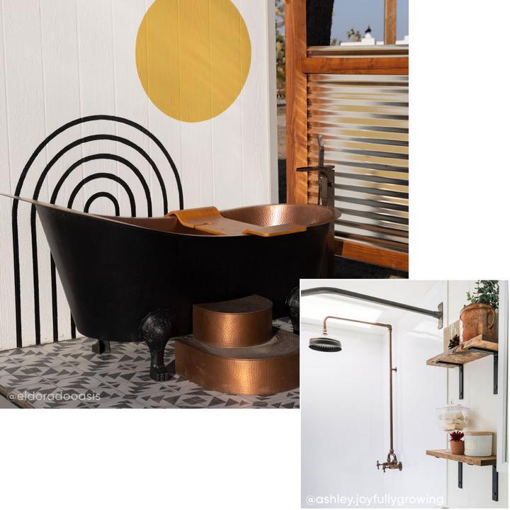 Industrial style bathroom with Baudette Exposed Pipe Wall-Mount Shower in Oil Rubbed Bronze, Orsen Maple Tub Caddy