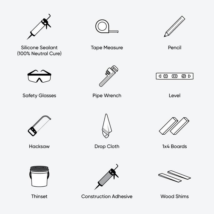 Tools & materials to install alcove tub - silicone sealant, tape measure, pencil, safety glasses, pipe wrench, level, hacksaw