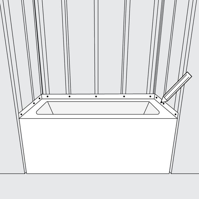 Step 1 - position the tub at the opening and mark the final position of the desk by tracing a line onto the studs