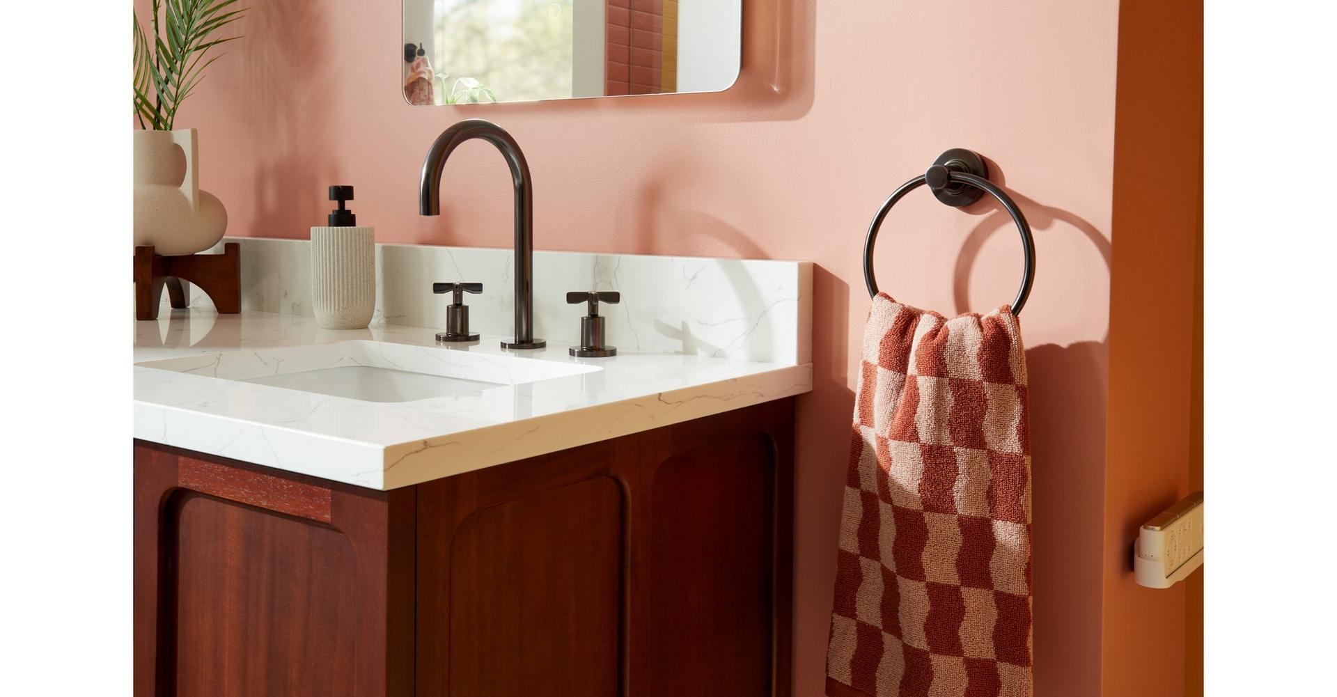 Vassor Widespread Bathroom Faucet & Lexia Towel Ring in Gunmetal for installing bathroom hardware