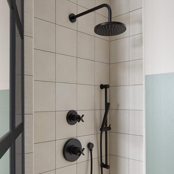 Vassor Pressure Balance Shower System with Slide Bar and Hand Shower in Matte Black for installing bathroom fixtures
