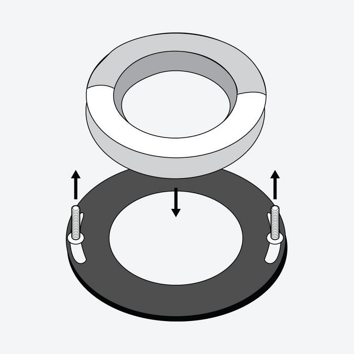 Installation step 1 - press the wax ring onto the toilet flange. Install anchor bolts through the toilet flange pointing upwards