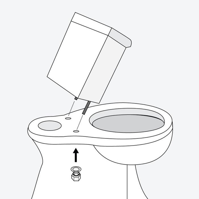 Installation step 7 - thread washers and nuts onto the tank bolts. Verify the tank is level and tighten washers and nuts