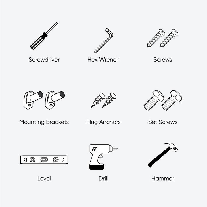 Steps to install curved shower rod - Hex wrench, screws, mounting brackets, screwdriver, plug anchors, set screw, level, drill