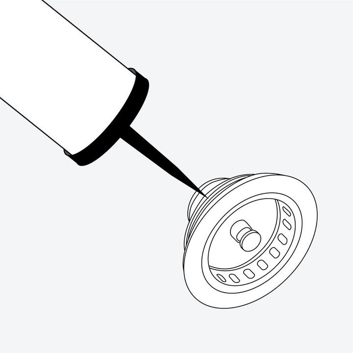 Illustration of step to install kitchen drain - applying 100% neutral cure silicone sealant to the underside of a strainer body