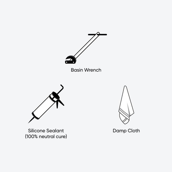 Steps to install kitchen sink drain - Basin wrench, silicone sealant (100% neutral cure), damp cloth