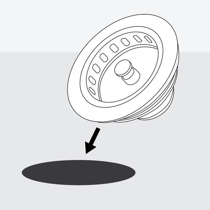 Illustration of steps to install kitchen drain - inserting strainer body into the kitchen sink