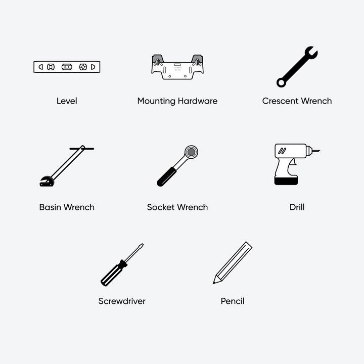 Tools to install a pedestal sink - level, mounting hardware, crescent wrench, crescent wrench, basin wrench, socket wrench