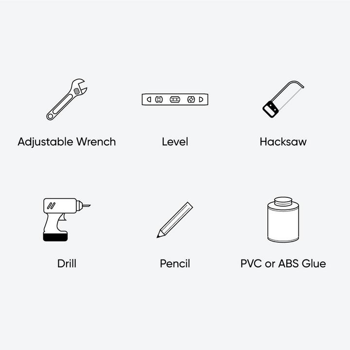 Rear outlet toilet installation tools & materials - adjustable wrench, level, hacksaw, drill, pencil, PVC or ABS glue