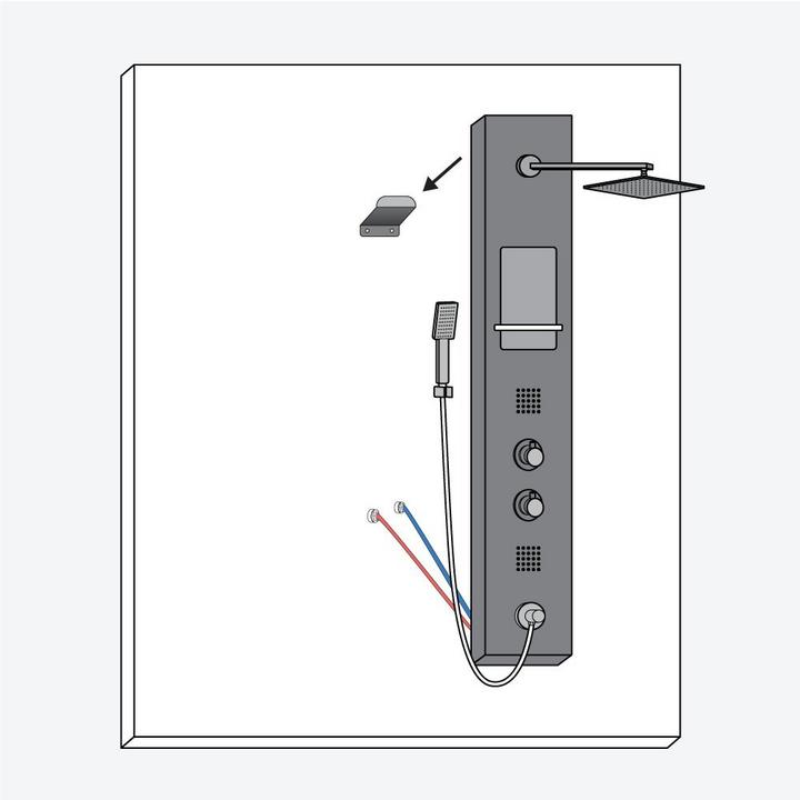 shower panel installation step 8 & 9 - attach shower panel onto the mounting brackets. Turn on water and check for leaking