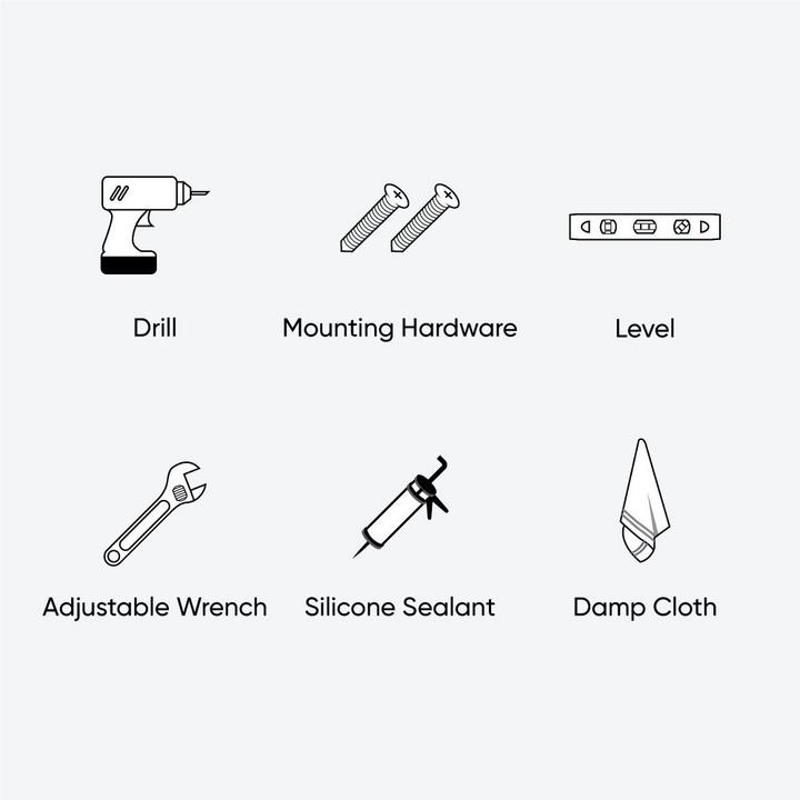 Tool and materials for shower panel installation - drill, mounting hardware, level, adjustable wrench, silicone sealant, cloth