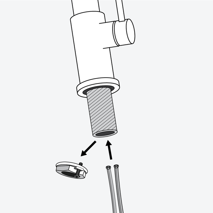 Step 1 - remove the lock nut from the faucet body. Attached the water feed tubes to the tailpiece