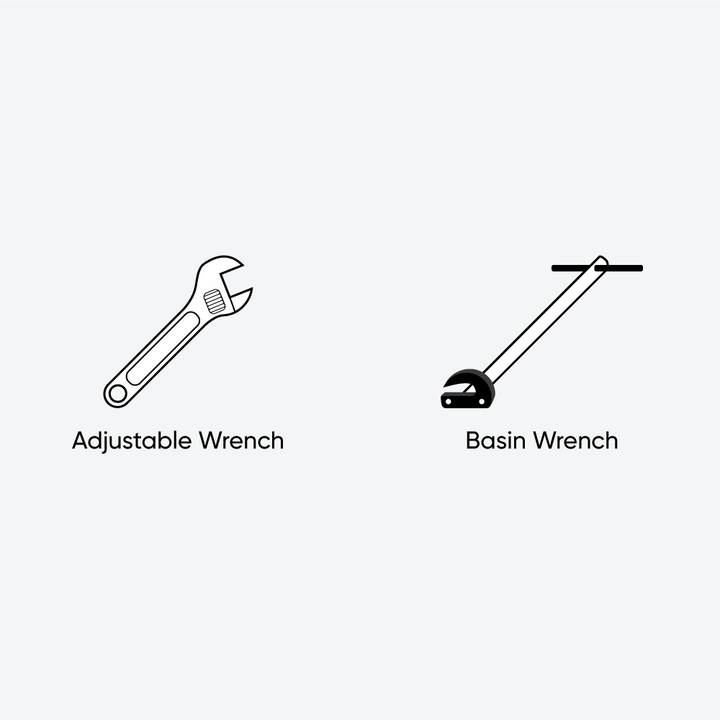 Tools and materials for single hole faucet installation - adjustable wrench, basin wrench