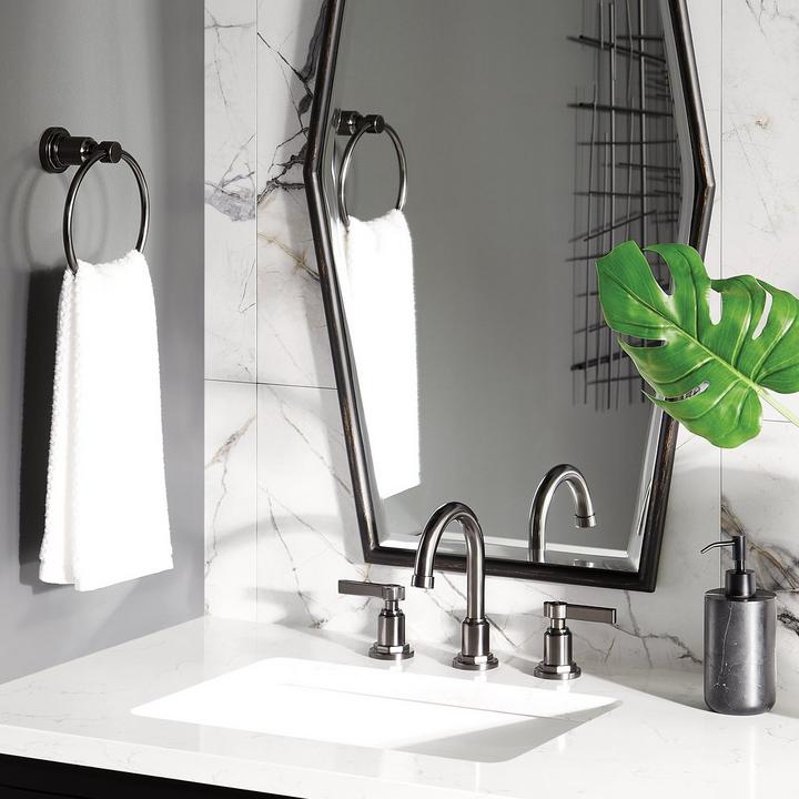 Undermount sink with Greyfield Widespread Bathroom Faucet, Towel Ring in Gunmetal, Tenaya Decorative Mirror