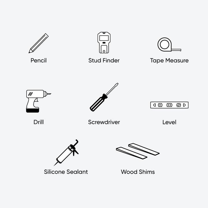 Tools & materials for installing a bathroom vanity - pencil, stud finder, tape measure, drill, screwdriver, level, sealant
