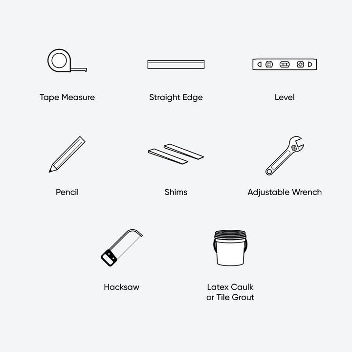 Tools to install corner toilet - tape measure, straight edge, level, pencil, shim, adjustable wrench, hacksaw, latex caulk