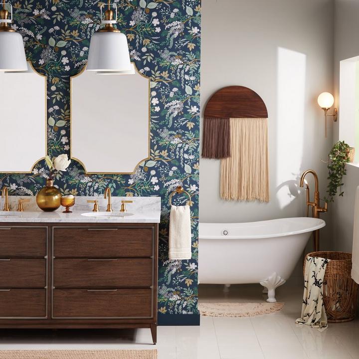 Bathroom with a bold pattern the Greyfield Widespread Faucet & Freestanding Tub Faucet in Brushed Gold